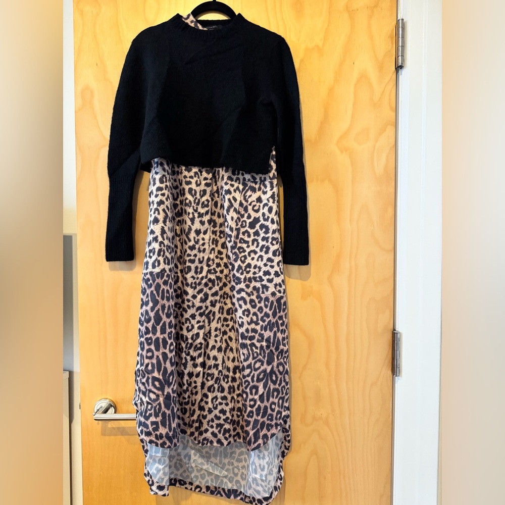 All Saints Black and Leopard Print Midi Dress